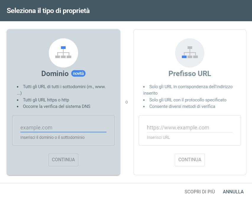 schermata verifica proprietà all'interno della google search console